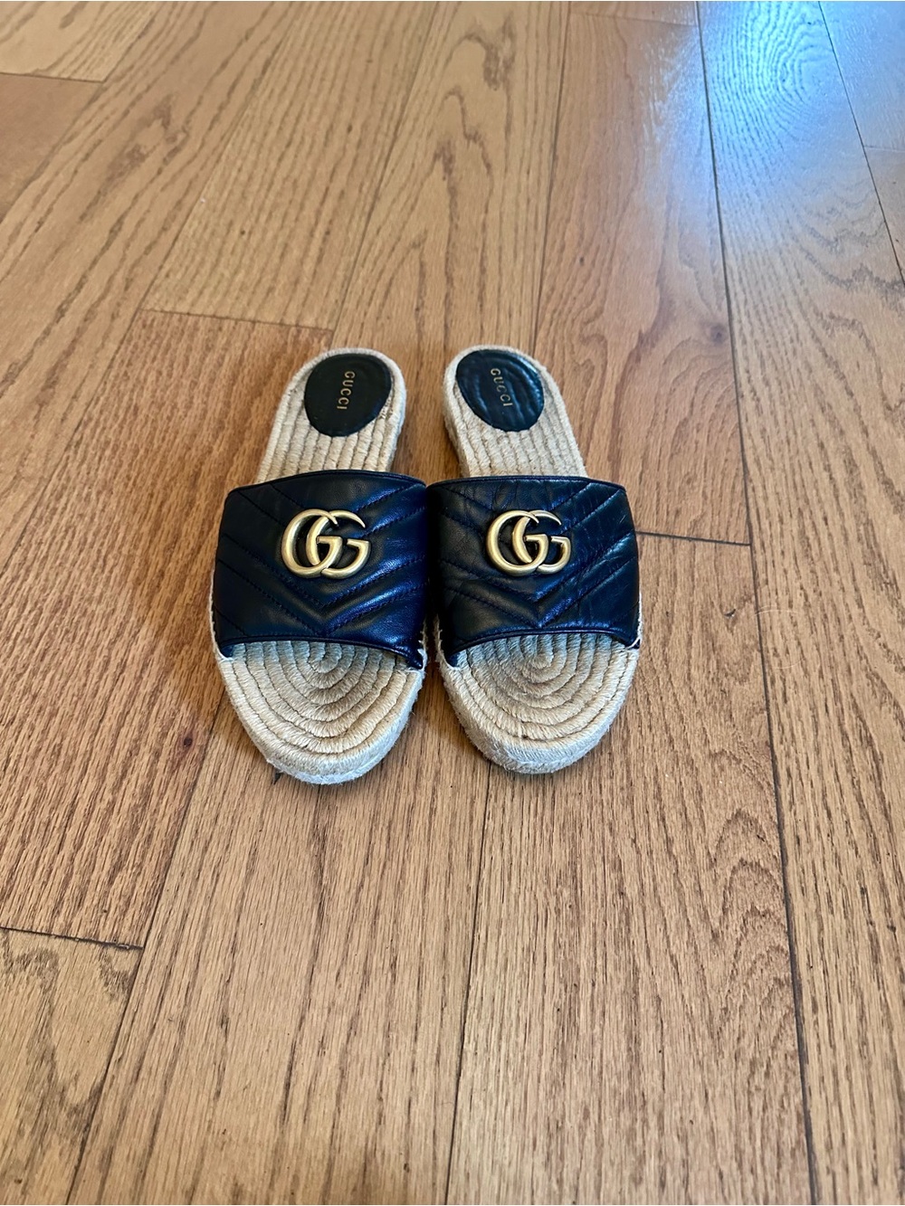 Gucci Matelasse Espadrille Black Leather GG Marmont Logo Slide Sandals 39